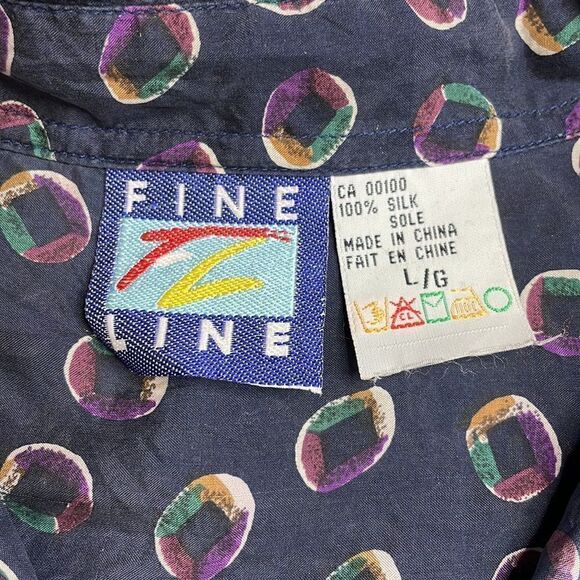 Vintage Fine Line All over Print Silk Button Down Blue Large - Picture 4 of 7